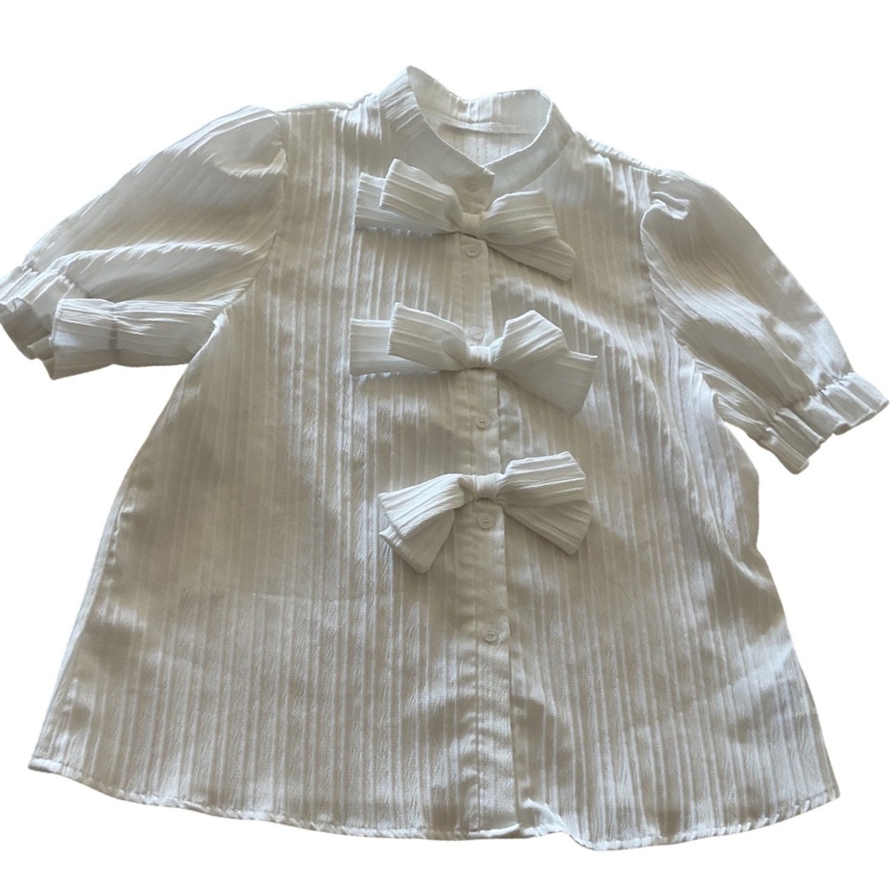 SHEIN White Puff Sleeve Bow Front Pleated Blouse Shirt Women's‎ Size XL